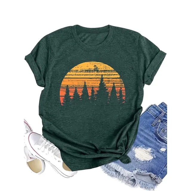 Women's Forest & Sunset Print T shirt, Casual Short Sleeve Crew Neck Top Green - Shop at LoveMi