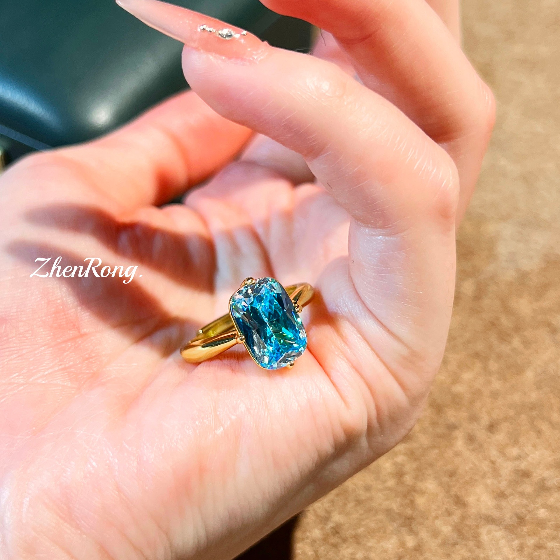 Retro Hong Kong Style Cushion Paraiba Ring, Ice Flower Cut High Carbon Aquamarine CZ Ladies Luxury Ring