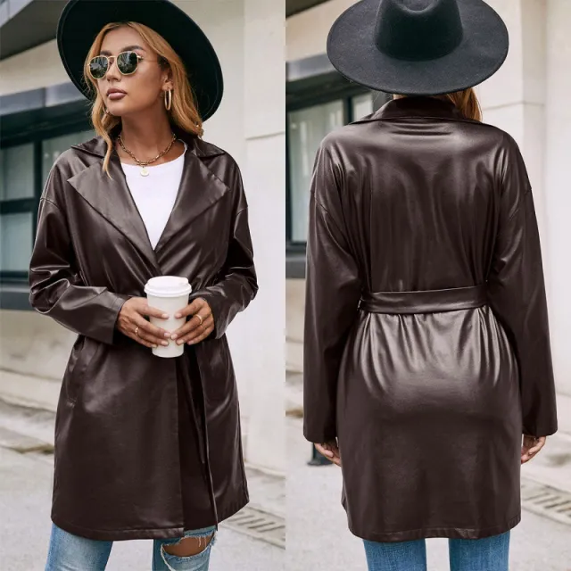 Mid length Leather Western lace Slim Long sleeved Trench Coat Coffee - Shop at LoveMi