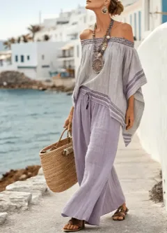Bohemian Style Off-the-shoulder Batwing Sleeve Top Wide-leg Pants Vacation Two-piece Set - Style5-M - View 1
