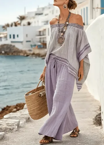 Bohemian Style Off the shoulder Batwing Sleeve Top Wide leg Pants Vacation Two piece Set Style5 M - Shop at LoveMi