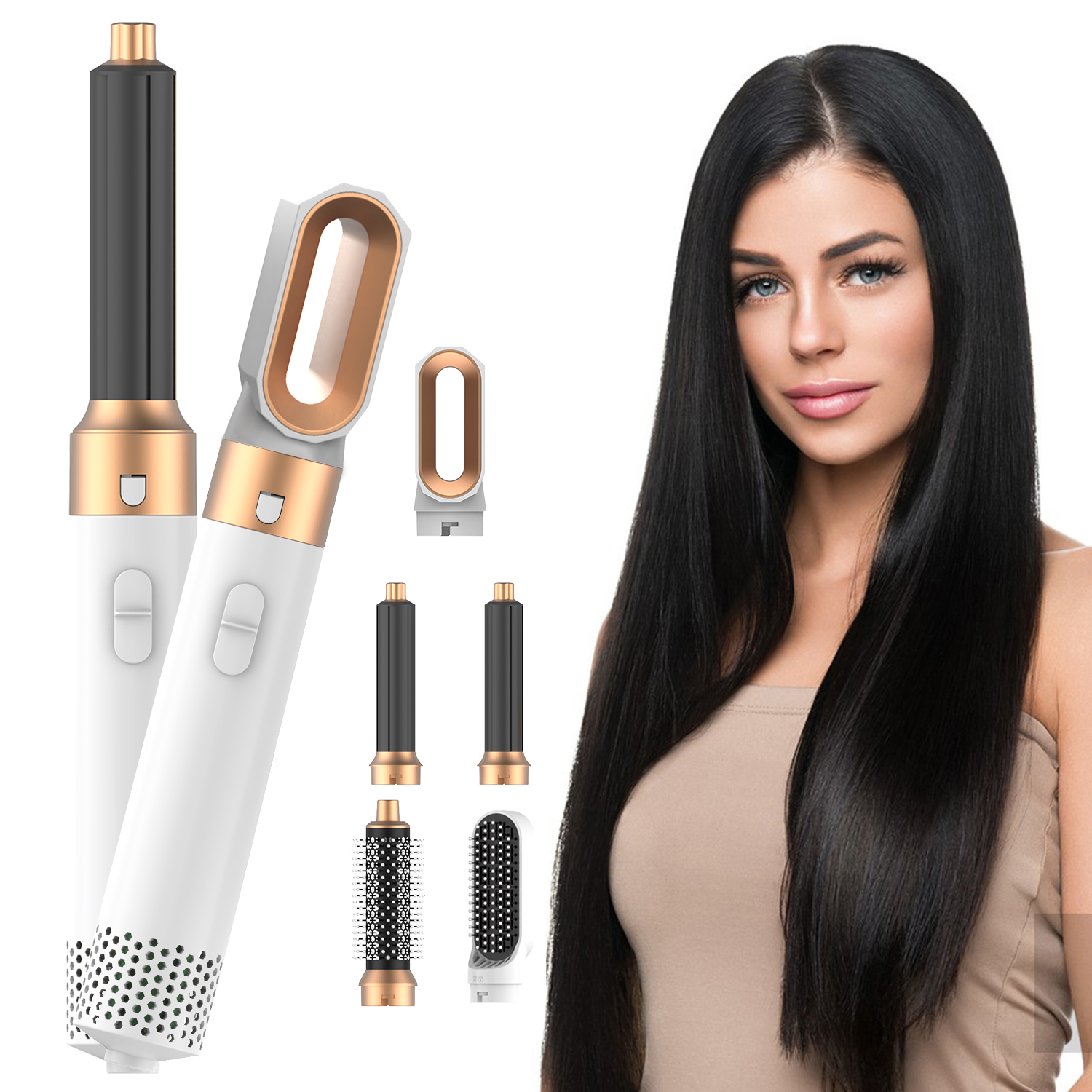 5-in-1 Hair Dryer Brush, White Gold. 5 IN 1 HAIR STYLER SET: The versatile stylers attach to the styling wand & hair dryer and give you the power to explore styles for any hair type. The 5 in 1 hair dryer brush set includes 1x hair dryer for fast drying, 