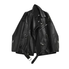 All-match Loose Motorcycle PU Leather Jacket Trend - Black - View 1