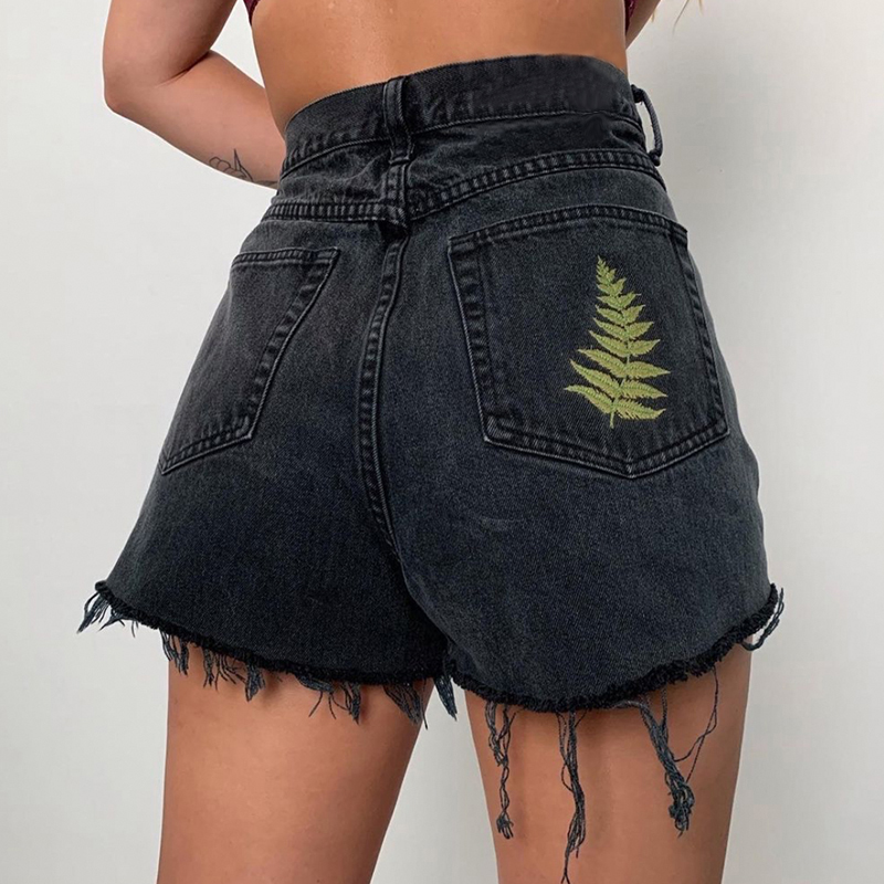 Women's Vintage Black Embroidered Raw Edge Denim Shorts Black - Shop at LoveMi