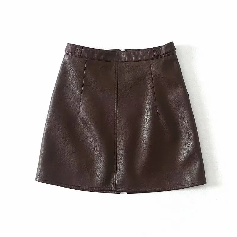 High Waist Slim Zipper PU Leather Skirt Short Skirt A-Line Skirt - Wine