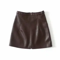 High Waist Slim Zipper PU Leather Skirt Short Skirt A-Line Skirt - Wine - View 1