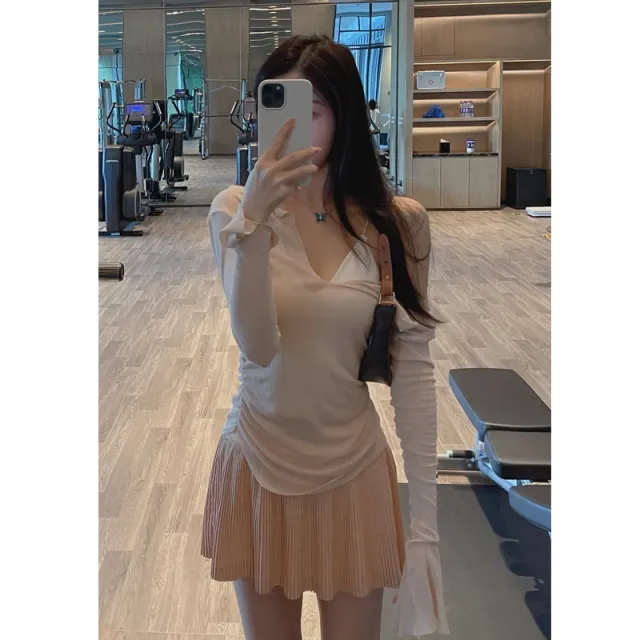 Simple Elastic Waist Stretch Pleated Yoga Skirt Bust Pleated Skirt Apricot Pink - Shop at LoveMi