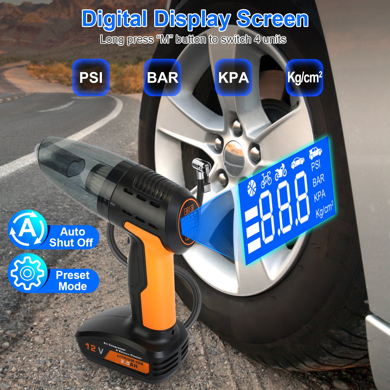 1Pc 4 In 1 Cordless Car Vacuum Cleaner And Tire Inflator With LED Light Digital Display Tire Pressure Gauge 150PSI Rechargeable Air Compressor Pump Essential Car Accessories - Image 7