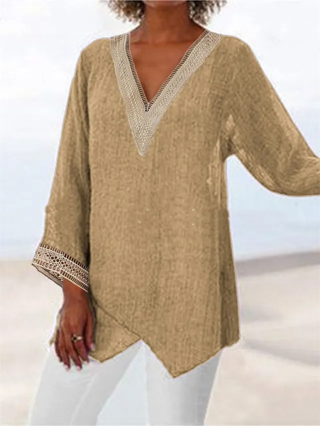 Solid Color Cotton And Linen Casual Top Irregular Light Brown - Shop at LoveMi
