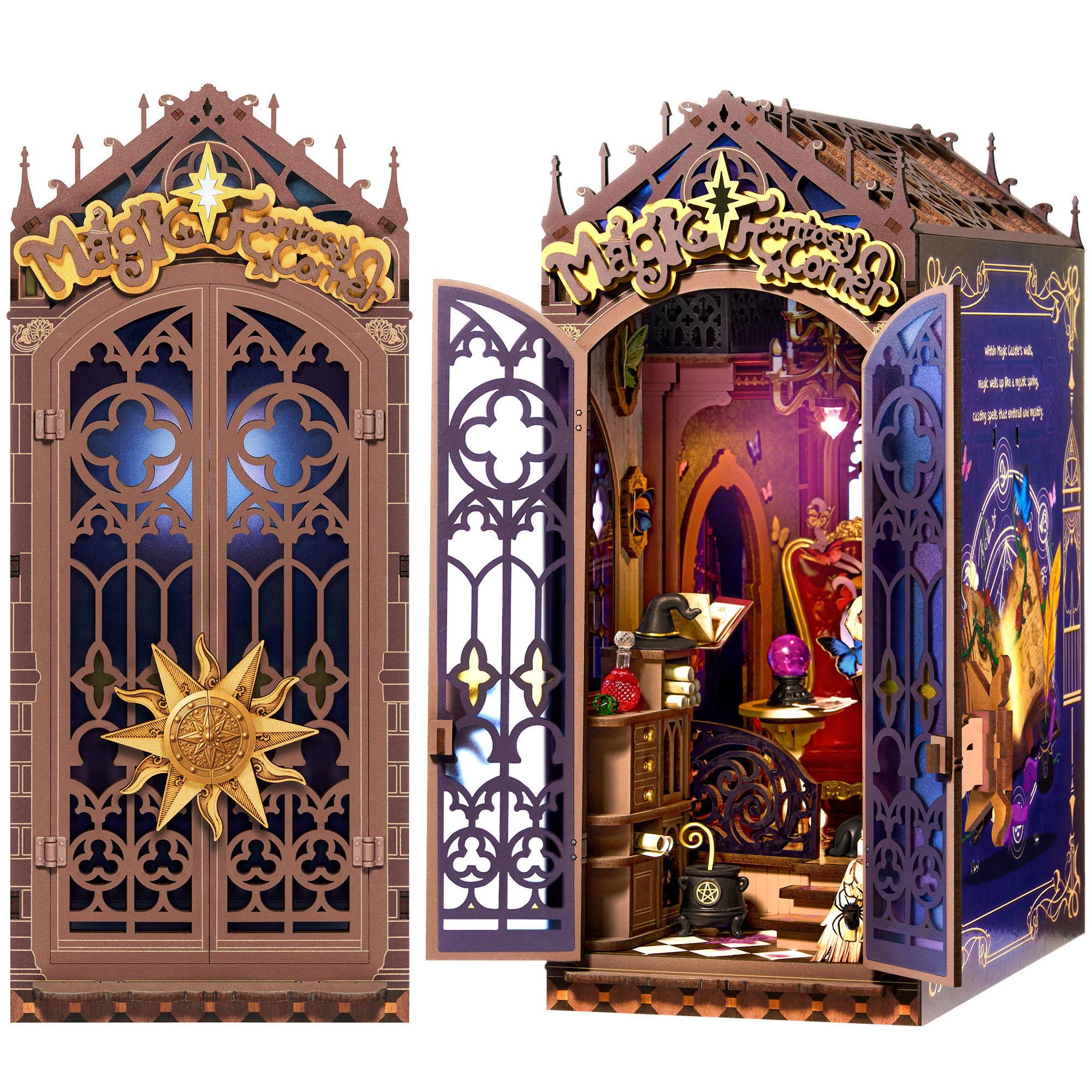 Rolife Magical Fantasy Corner Bookend DIY Set - 3D Wooden Miniature House, 3D Puzzle With Interactive LED Lights, 185 Pieces, Teen & Adult Bookshelf Decoration Gift