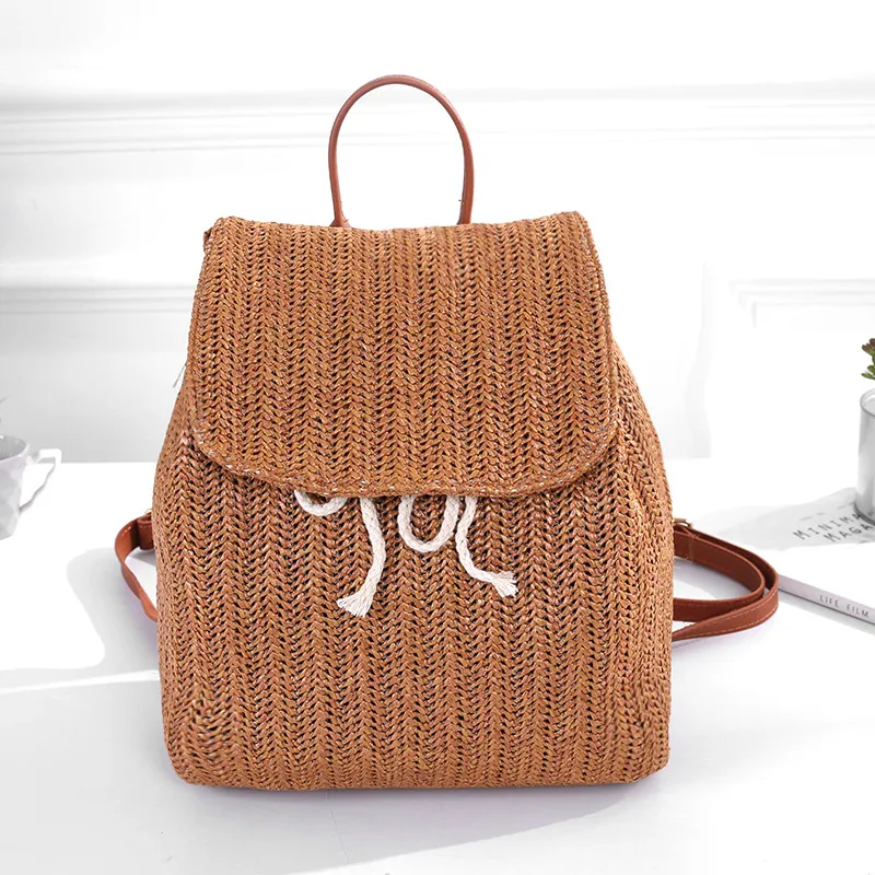 Summer Backpack Straw Braided Women's Bag - Brown