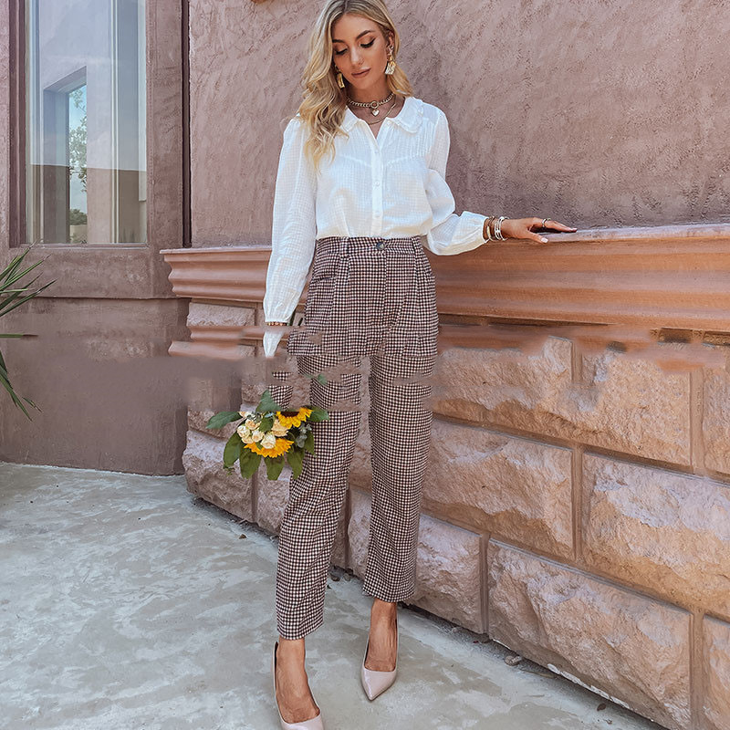 Title 2, New High-waist Plaid Pocket Cropped Trousers