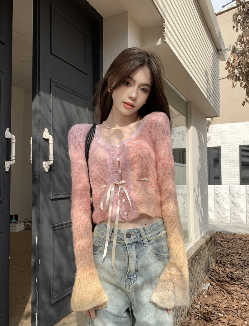 Hollow Hook Flower Flared Sleeve Gradient Top Strap Design Sense