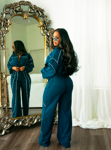American Hot Girl Contrast-Stitch Zip-Up Jacket & Wide-Leg Pants Set