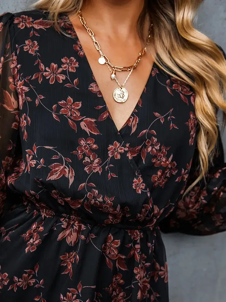 V-neck Elegant Chiffon Printed Floral Spring See-through Dress