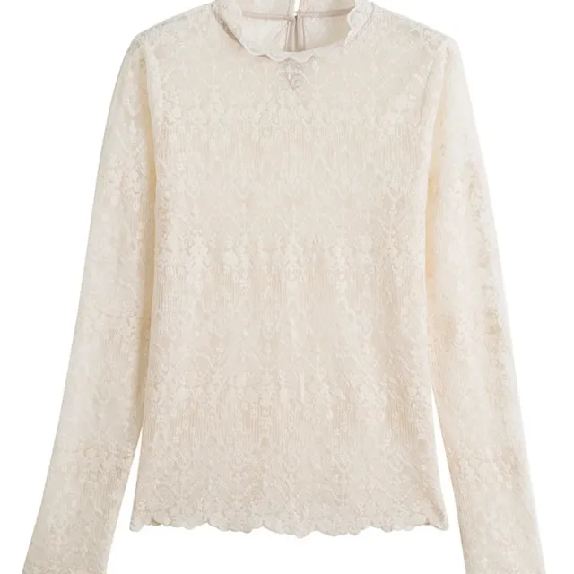 Standing Collar Style With Long Sleeve Lace Shirt Woman Tan - Shop at LoveMi