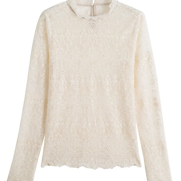 Standing Collar Style With Long Sleeve Lace Shirt Woman - Tan