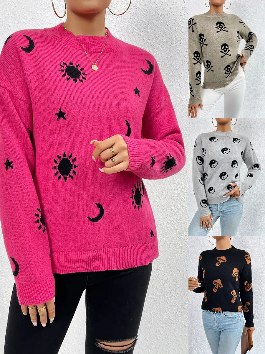 Jacquard Crewneck Pullover Knitted Sweaters for Women Casual Skull