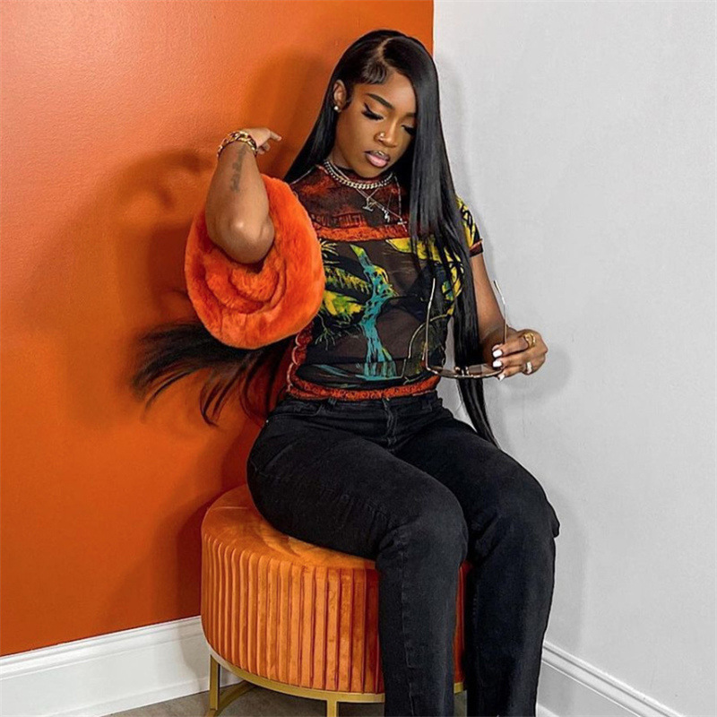 New Women's Fashion Digital Printing Round Neck Street Mesh Short Sleeve Top