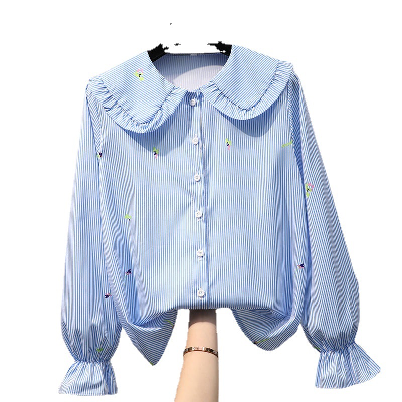 Title 2, Long Sleeve Floral Loose White Shirt Doll Collar