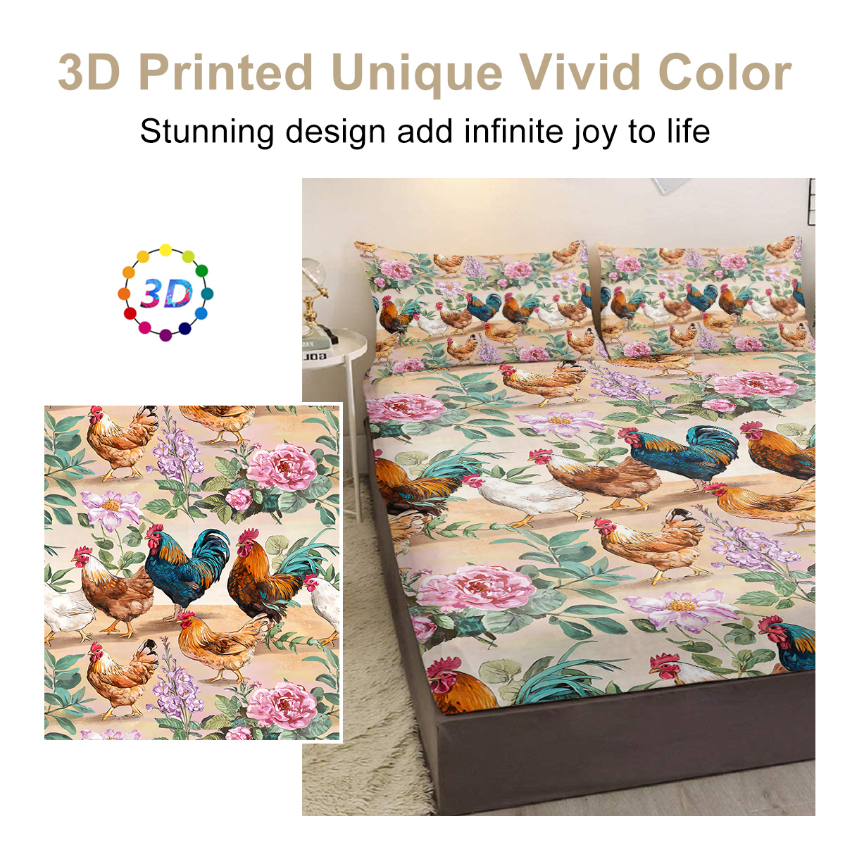 Hen Rooster Print Bed Sheet Set Farmhouse Animals Fitted Sheet, Room Decor Chicken Bedding Set Floral Rose Pattern Bed Cover 3Pcs