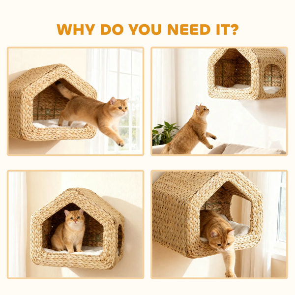 GianfiStore wall-mounted wicker cat house natural seagrass handwoven cat shelf bed