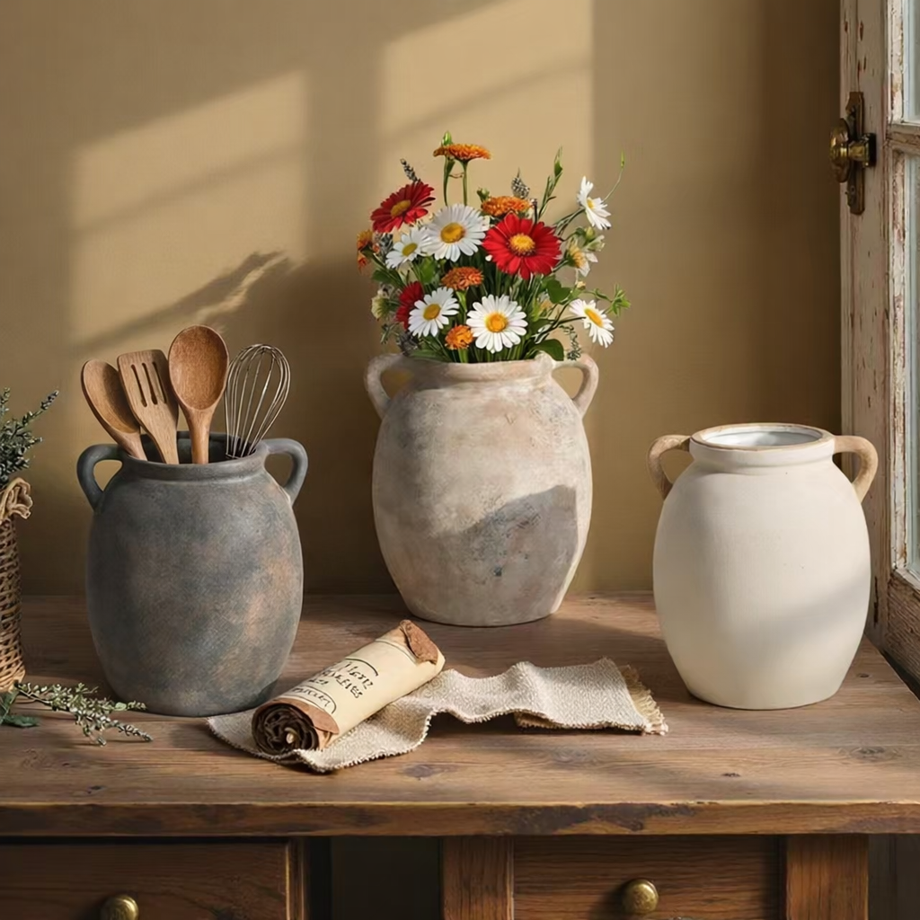 Vintage Ceramic Flower Pot Vase With Handle, Decorative Water Cultivation Jar, Home Decoration Ornament, 1pc Creative Design