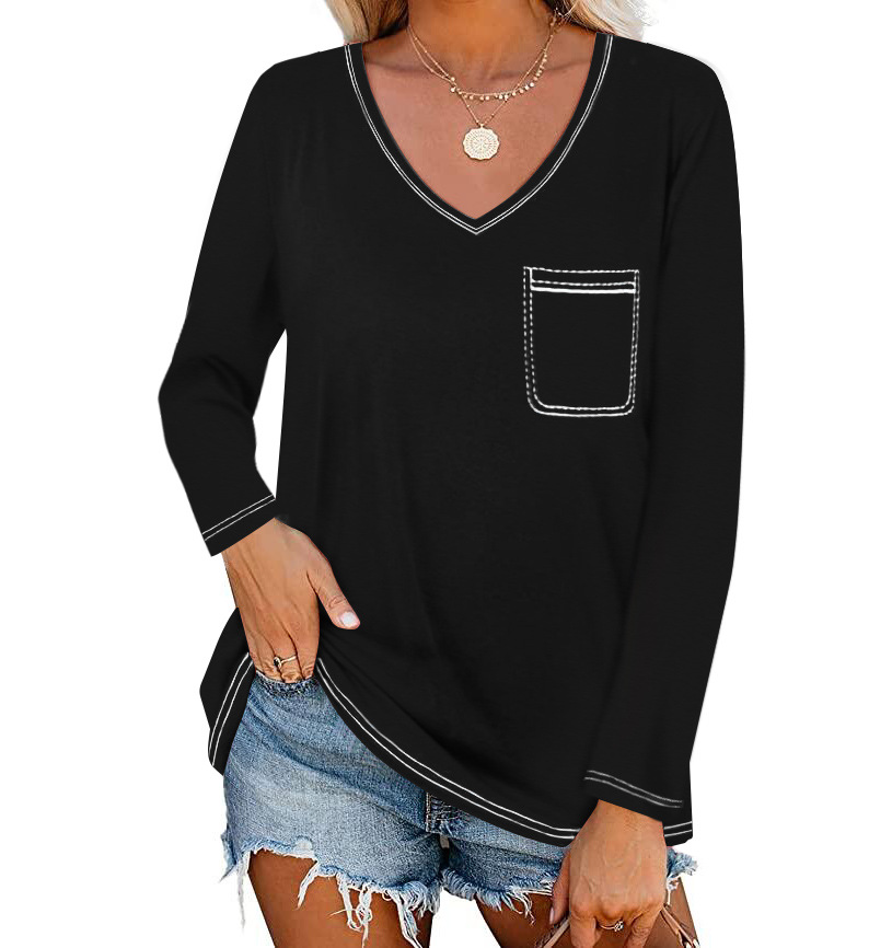 V-neck Long-sleeved Pocket T-shirt Tops Cross-border Sources