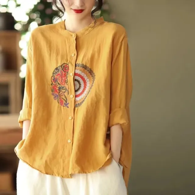 Casual Large Size Literary Cotton Hemp Long Sleeve T shirt Yellow - Shop at LoveMi