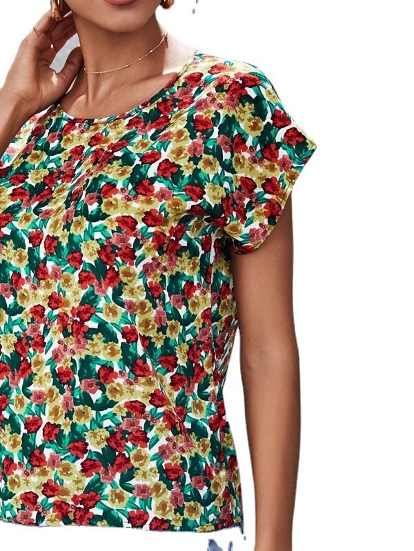 Title 7, Spring And Summer New Round Neck Slim Floral Sh...