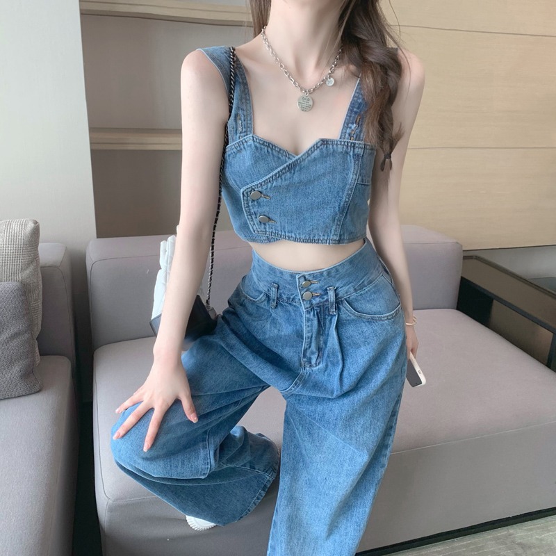 Short Small Camisole Tube Top High Waist Wide Leg Mopping Trousers Two-piece Set