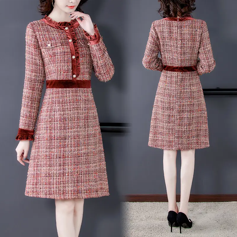 Red Long-sleeved Small Fragrance Dress Women's Mid-length