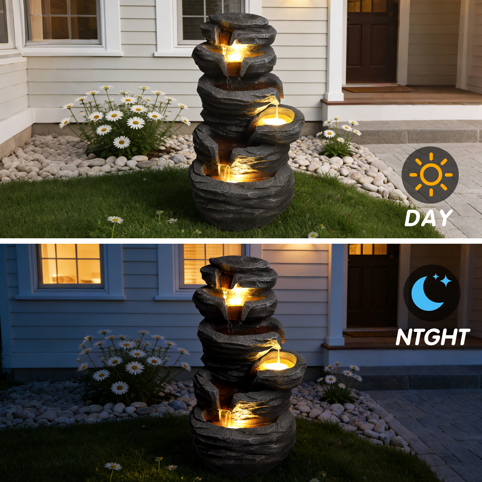 Outdoor Waterfall Fountain With Lights Stacked Rock Cascading Water Feature Resin Garden Decor For Patio Yard Porch Landscape — foto 5