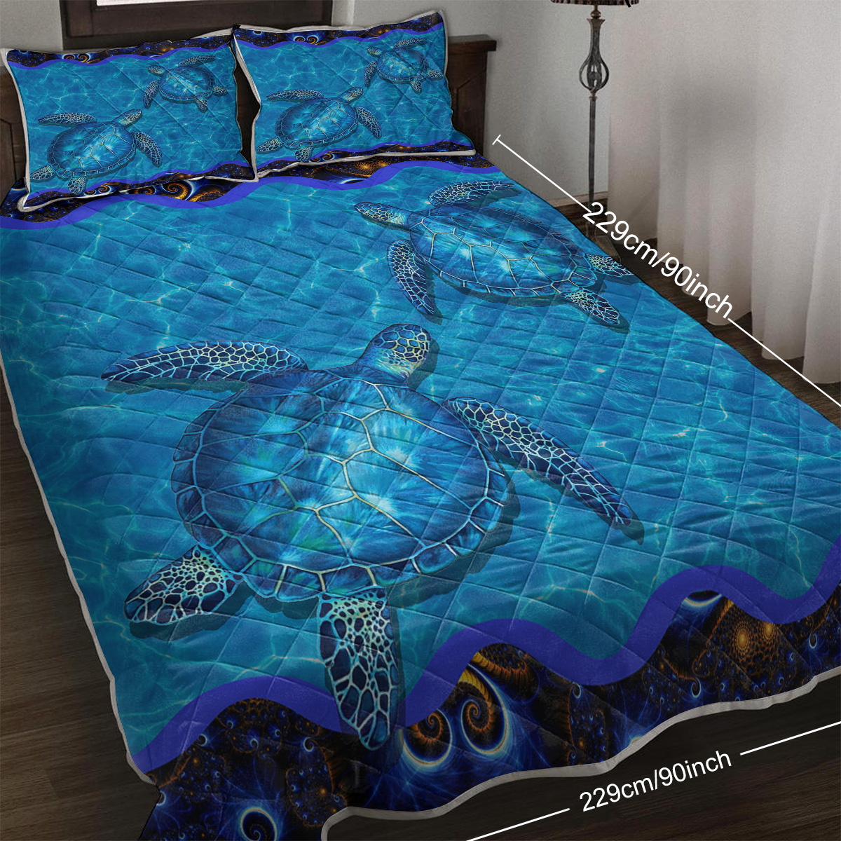 3-Piece Ocean Sea Turtle Printed Quilt Set Soft Microfiber Lightweight Bedspread Coverlet Blue Shell Animal Coverlet With 2 Pillow Shams