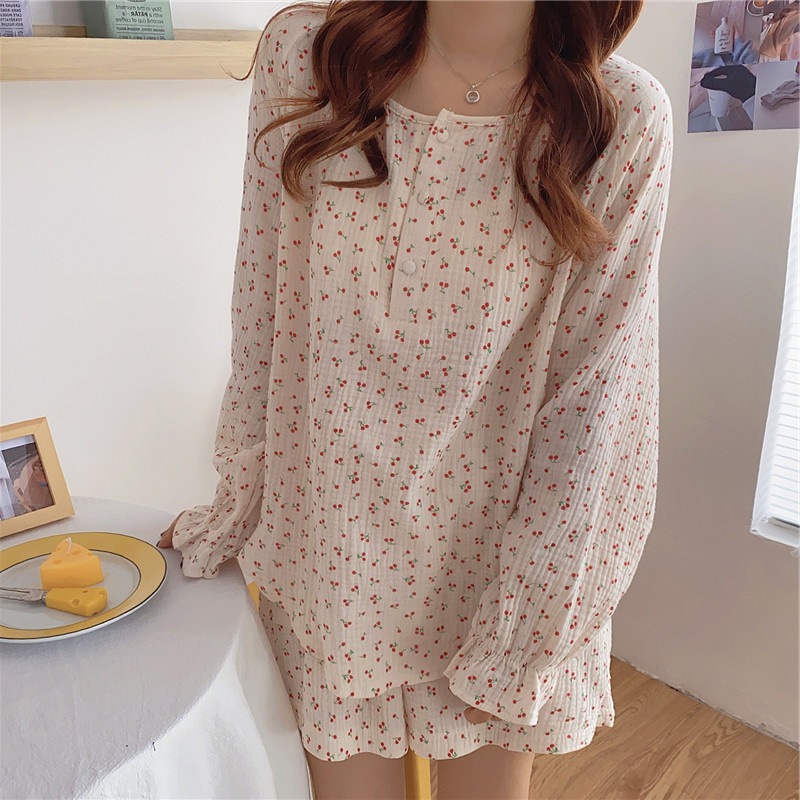 Women's Cotton Loose Long Sleeve Shorts Home Set