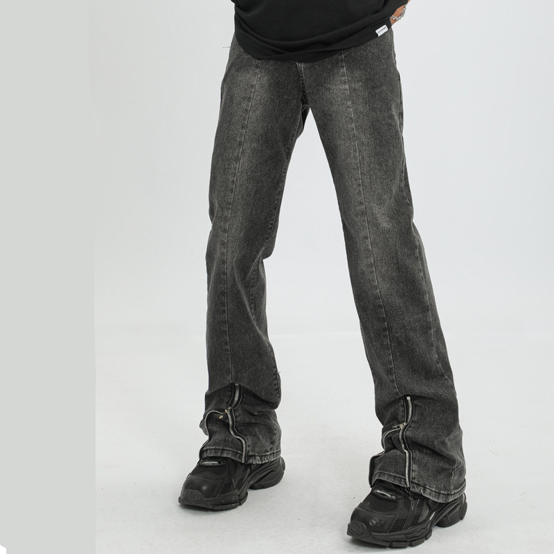 American High Street Vibe Style Retro Washed Distressed Yellow Mud Dyed Zipper Jeans