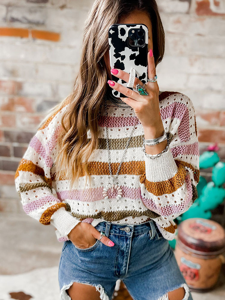 Leisure Personality Stitching Striped Round Neck Sweater