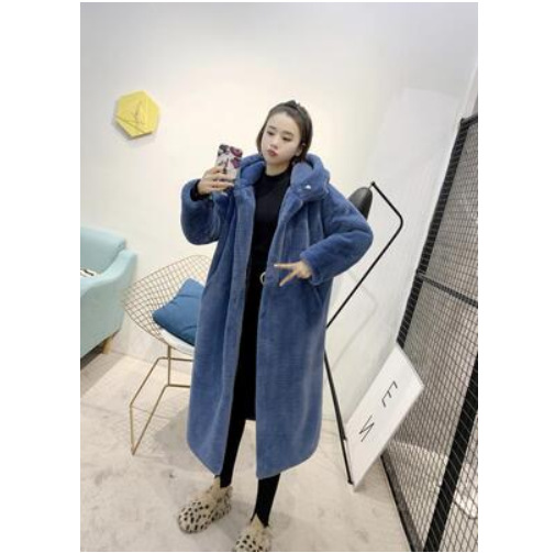 Women's Solid Color Long Hooded Loose Plush Coat