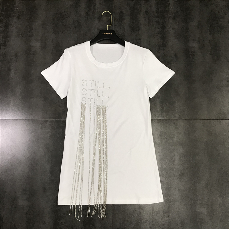 Women's Letter Rhinestone Fringe Chain Mid Length T-Shirt