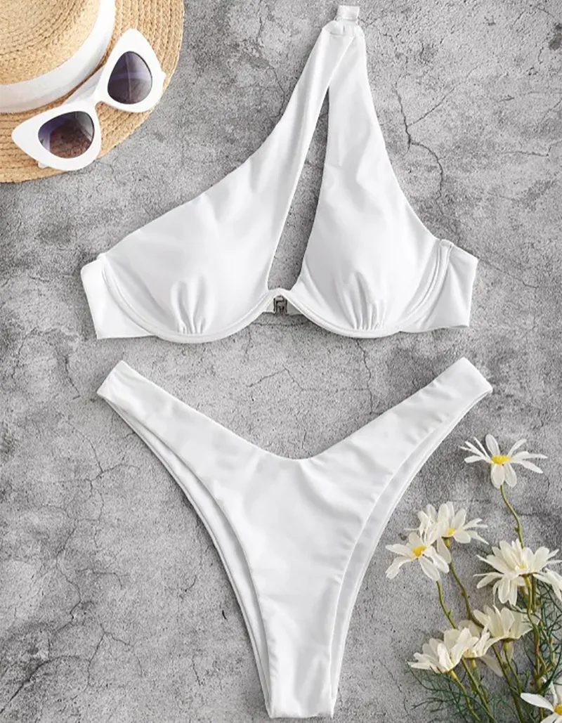 Pure Color Split European And American Ladies Hot Spring Swimwear - White