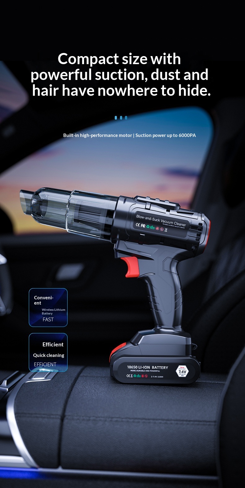Cordless Lithium Handheld Car Vacuum Cleaner, Detachable Mini Powerful High Suction Vehicle Vacuum With Wireless Charging 4