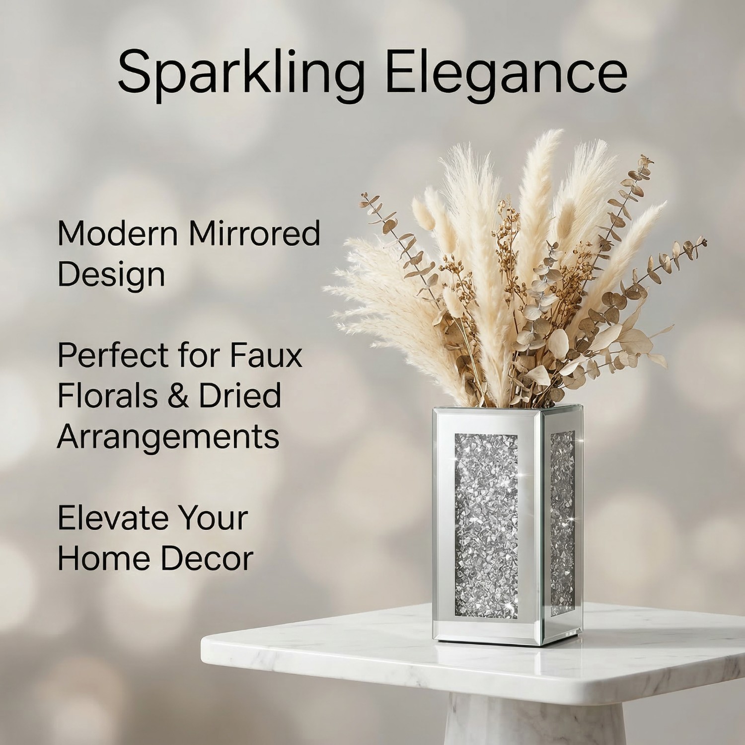 Square Crushed Diamond Mirrored Vase Set Of 3, Silver Sparkly Crystal Glass Decorative Flower Vase, Luxury Table Centerpiece For Home Living Room Wedding Decor 4