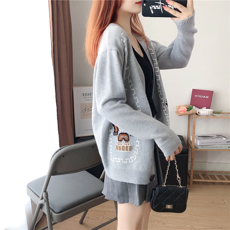 Cartoon Embroidered Loose Knit Cardigan Jacket