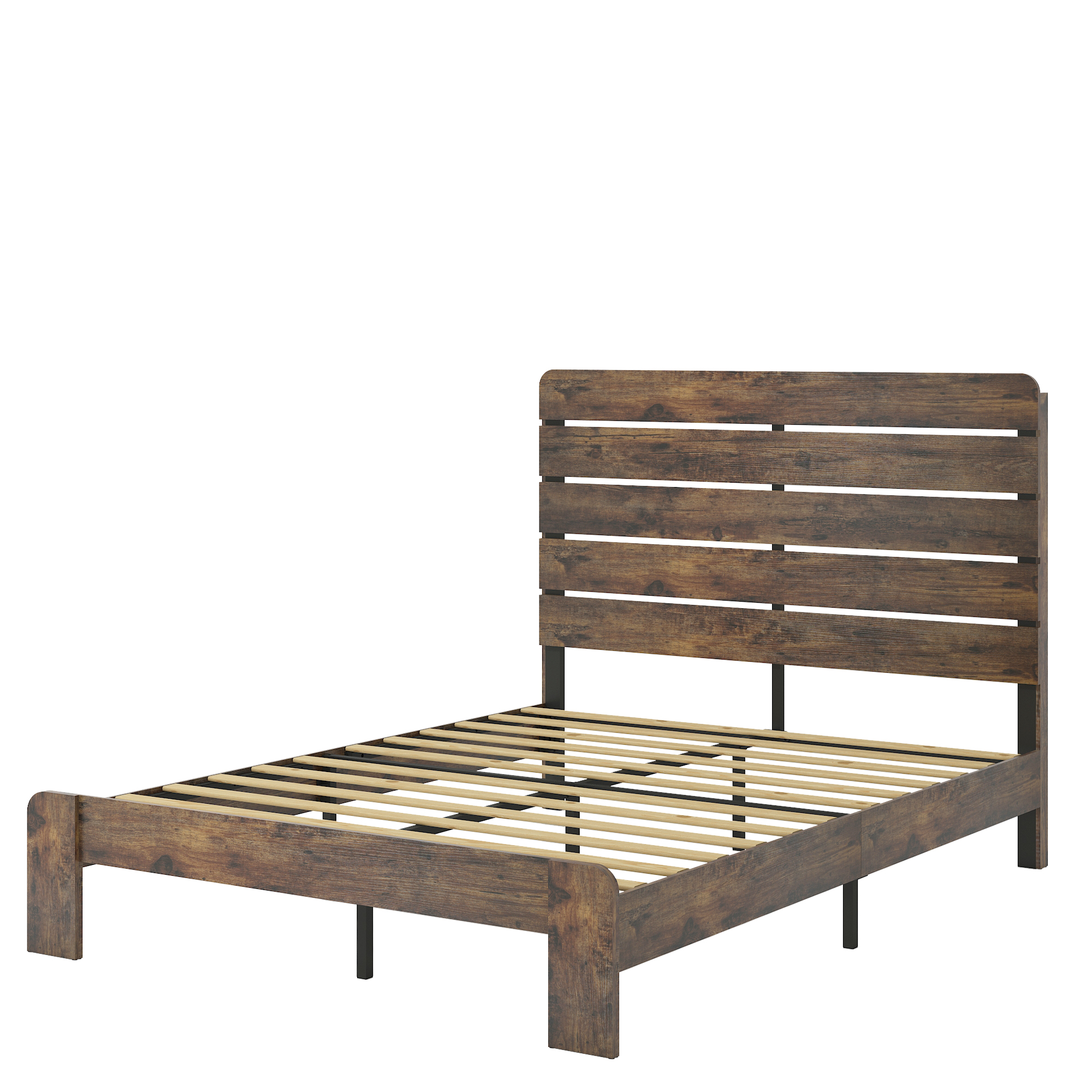 Full Wood Platform Bed Frame With Underbed Storage, No Box Spring, Dark Brown