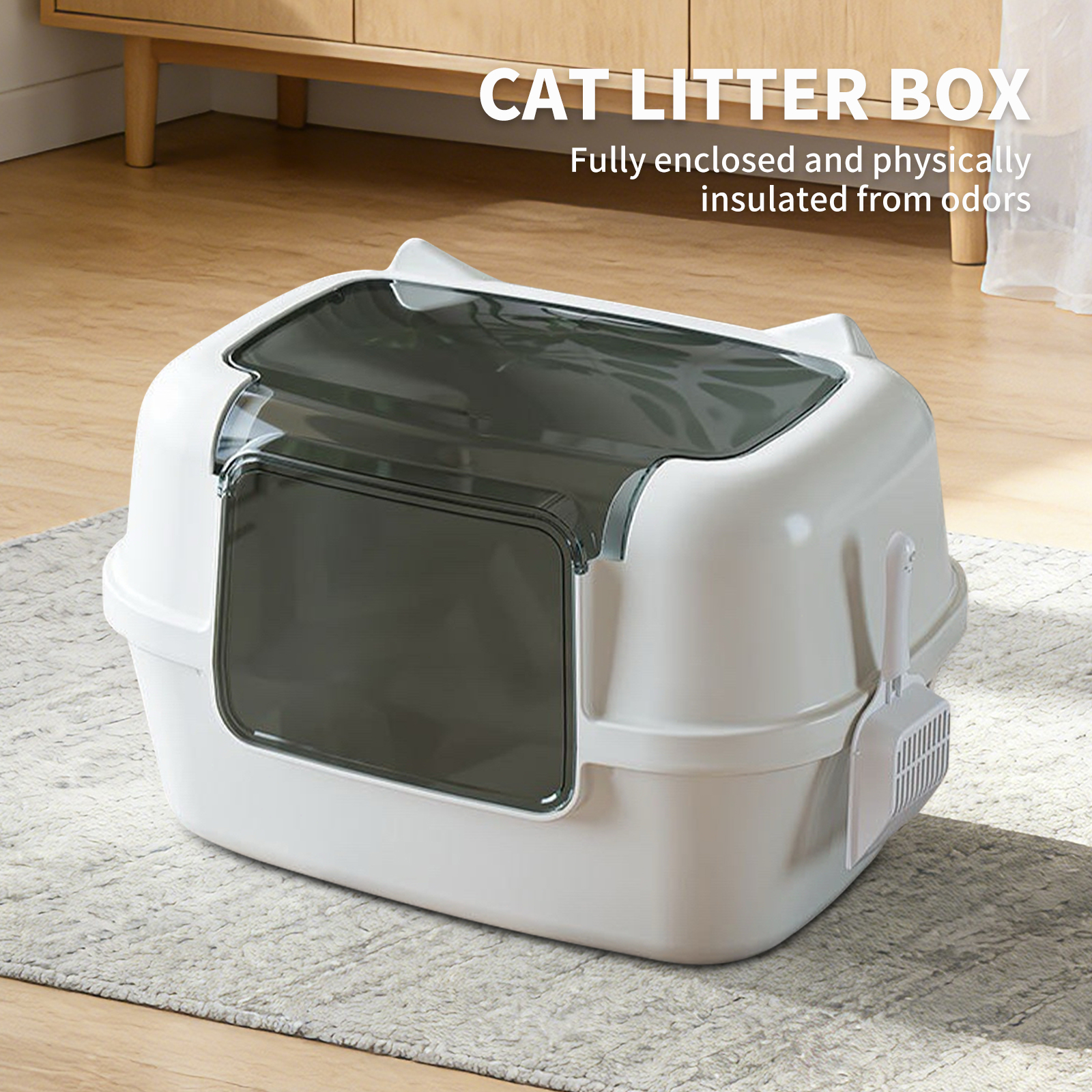 Extra Large Cat Ear Fully Enclosed Cat Litter Box, With Free Scoop & Litter Mat, Anti-Splash & Anti-Tracking Odor Locking, For Large Cats & Multi-Cat Households