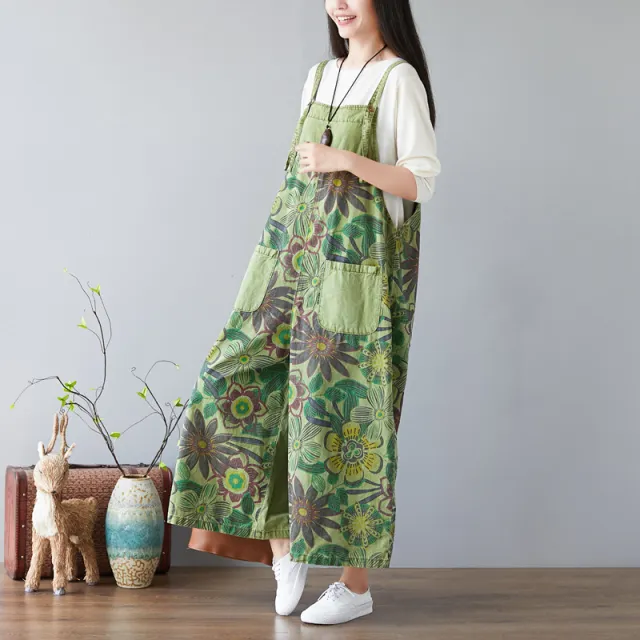 Vintage Adjustable Wide Leg Pants Colorblock Denim Bibs Green - Shop at LoveMi