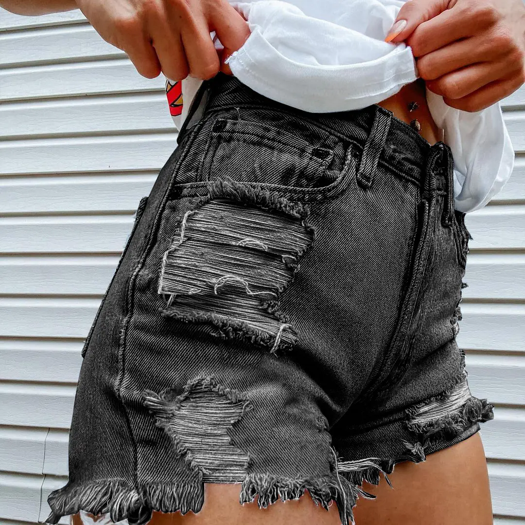Printed Spring Summer Denim Ripped Fringed Shorts