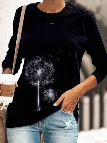 Dandelion Print Round Neck Long Sleeve Slim Ladies T-shirt