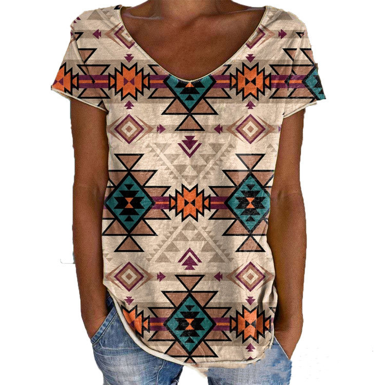 Title 1, V-neck Geometric Ethnic Print Short Sleeves