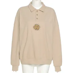 Long-sleeved Half-open Collar Embroidery Loose All-match Sweater Coat - Apricot - View 1